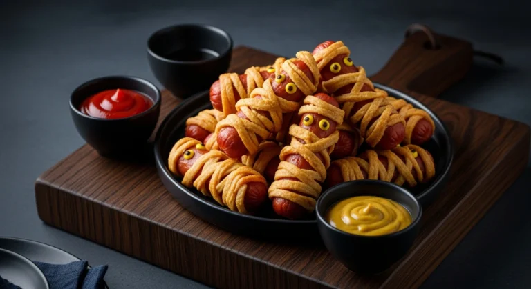 A festive platter of Halloween mummy hot dogs served with ketchup and honey mustard dips.