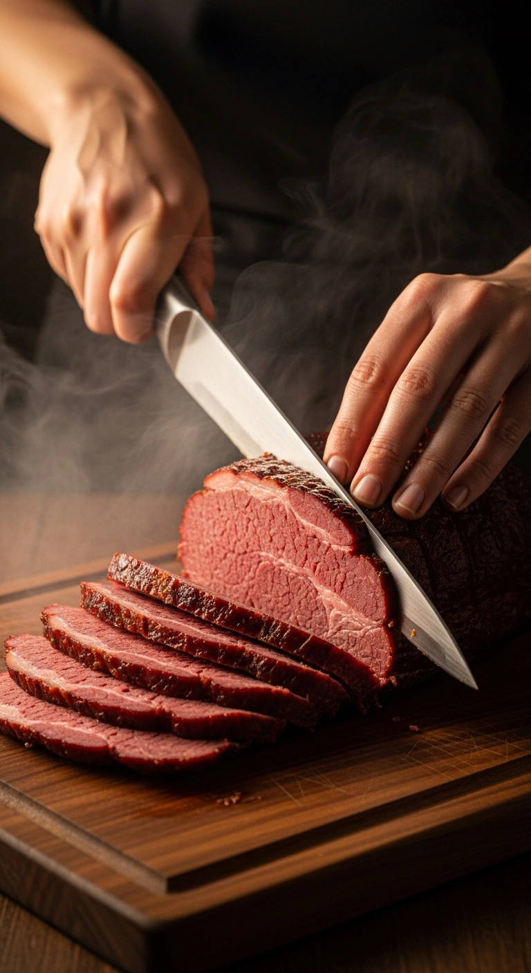 Step 5: Sliced smoked corned beef showing smoke ring and juicy interior