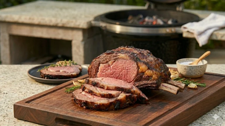 Slicing a seared prime rib roast to reveal a perfect medium-rare pink center.