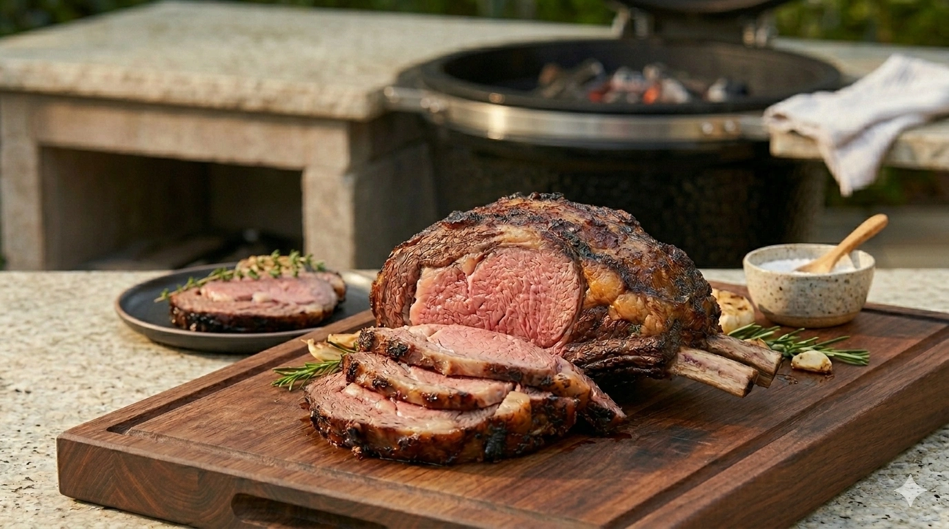 Slicing a seared prime rib roast to reveal a perfect medium-rare pink center.