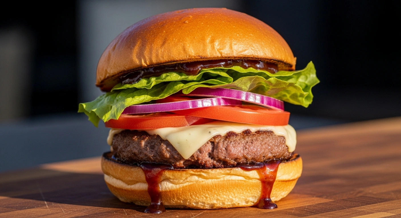 A fully assembled double smash burger on a matte charcoal ceramic plate.