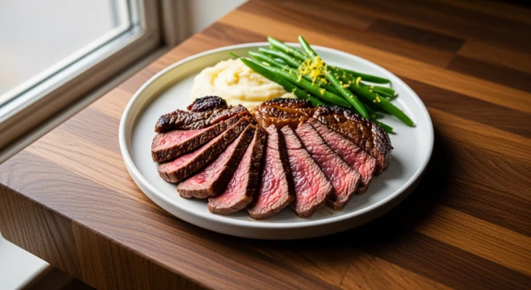 Juicy sliced steak (previously frozen) on a plate with gourmet sides.