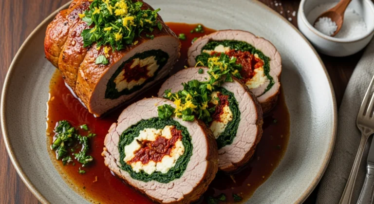 Sliced medallions of roasted stuffed pork tenderloin with glossy sauce and fresh gremolata on a rustic plate.