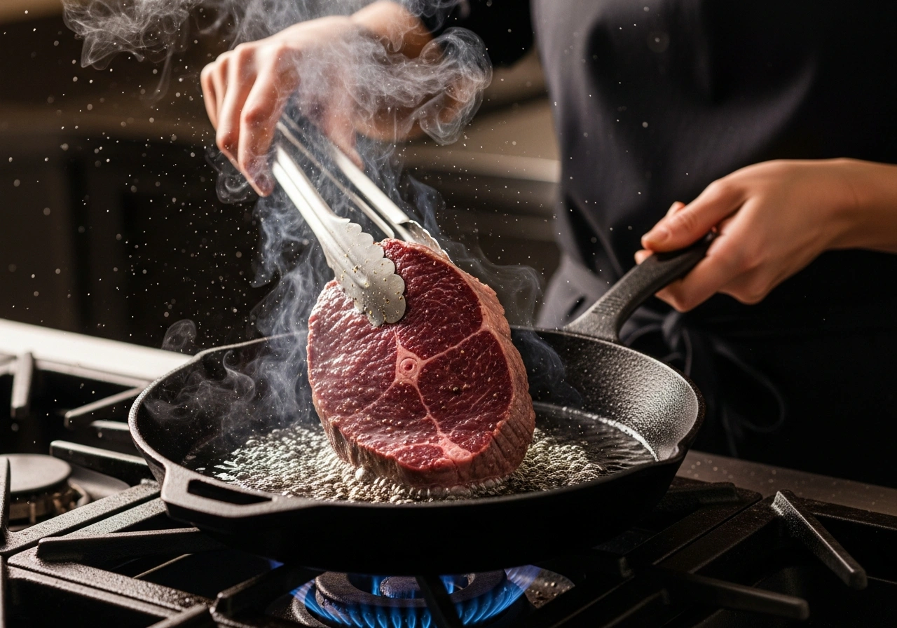 Emu steak cooking in a cast iron skillet over high heat