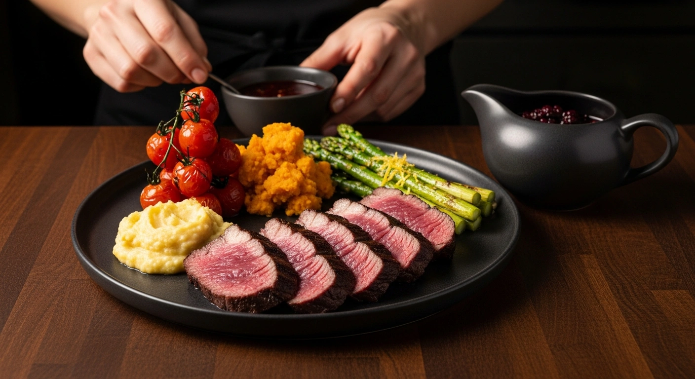 Emu meat recipes — cooked emu steak served with vegetables on a plate