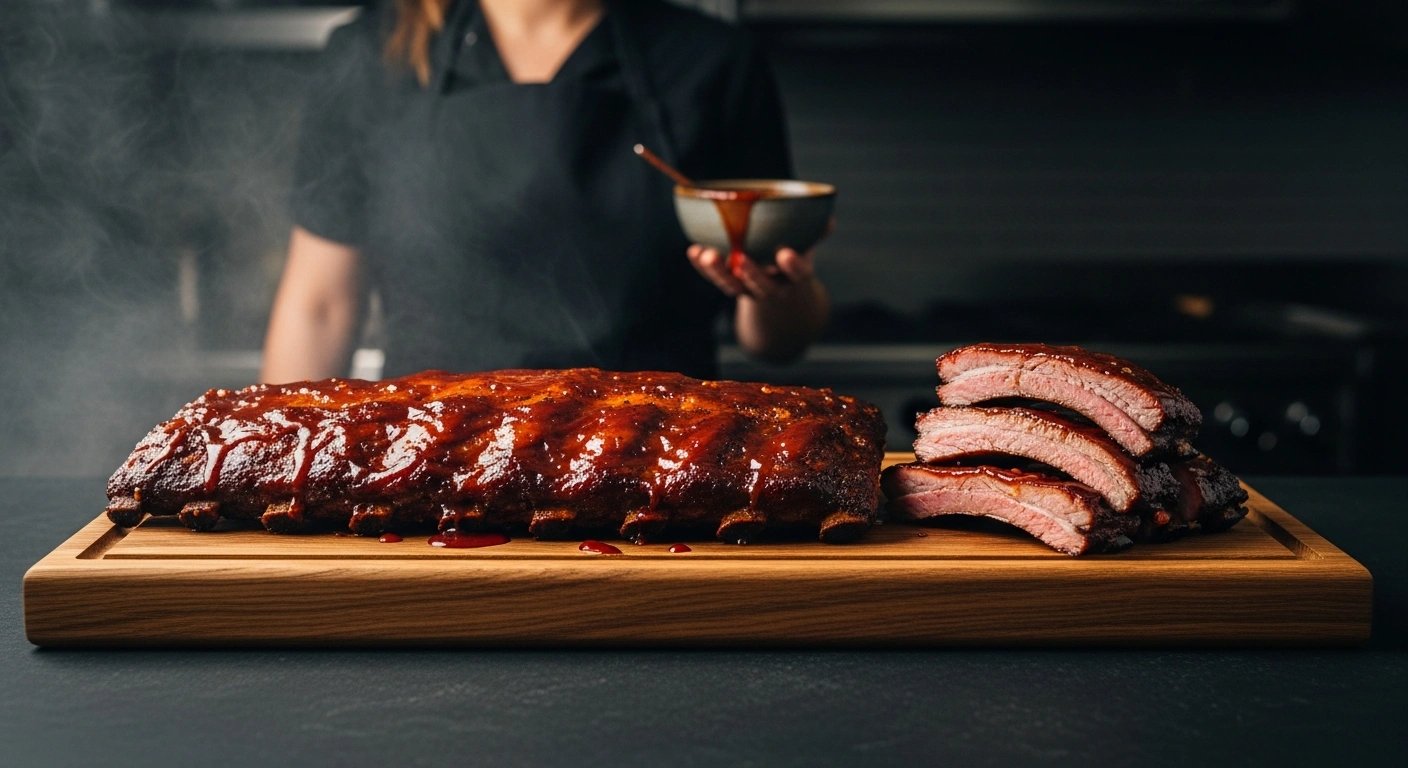 Cinematic wide presentation of sticky, sliced St. Louis BBQ ribs served on a dark wood cutting board.