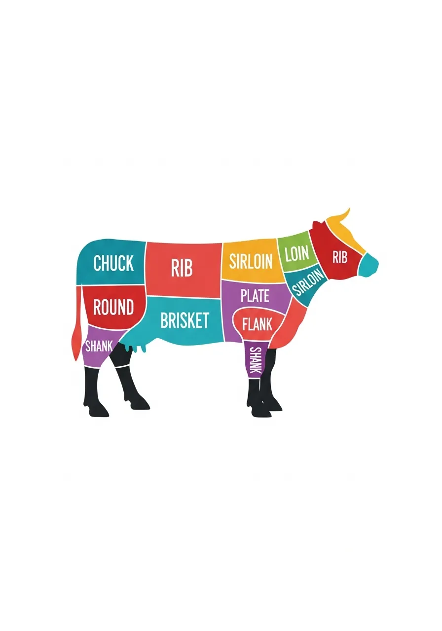 Complete beef cuts chart with names of all beef parts