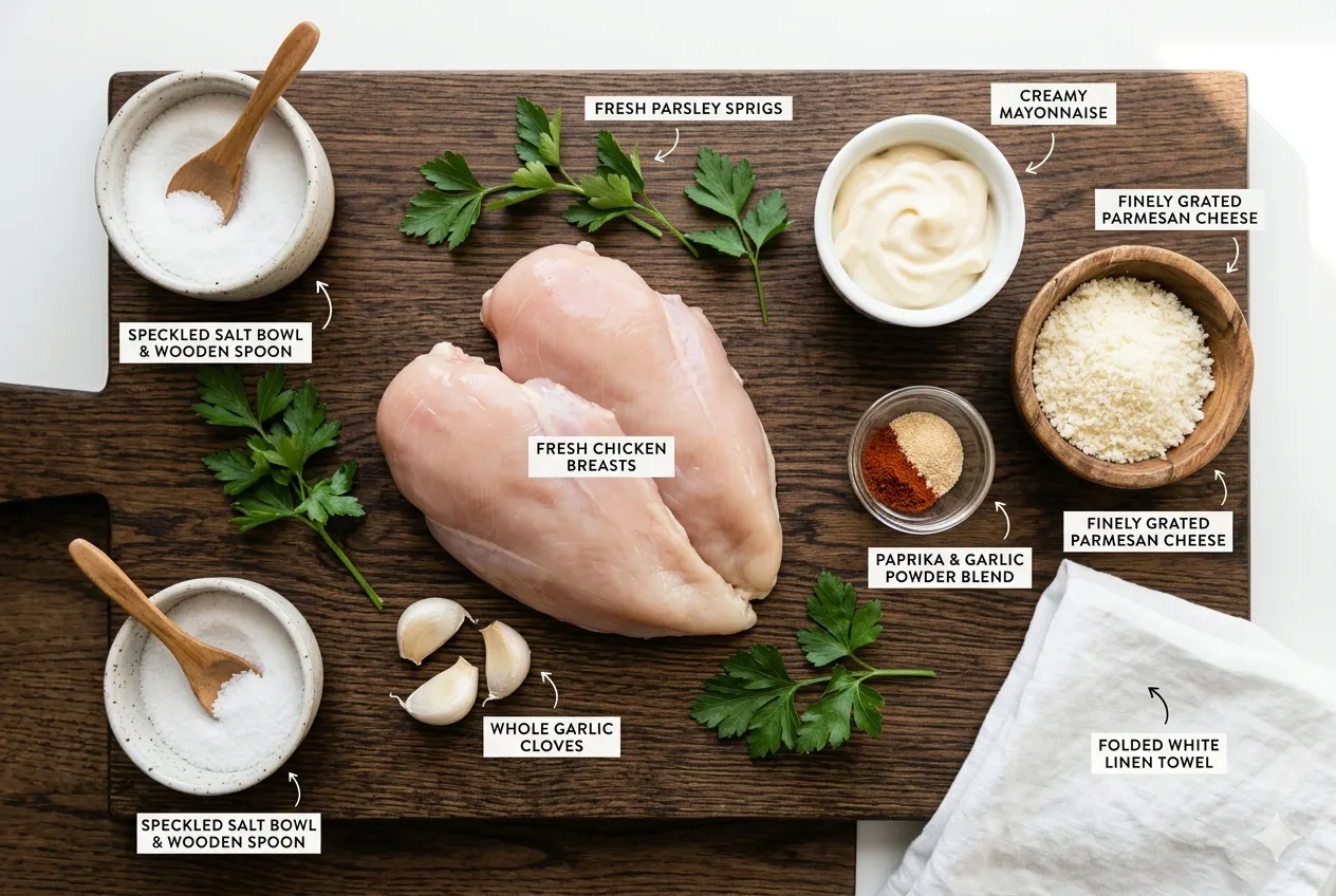Baking dish prepared, oven preheating to 400°F for mayo parmesan chicken
