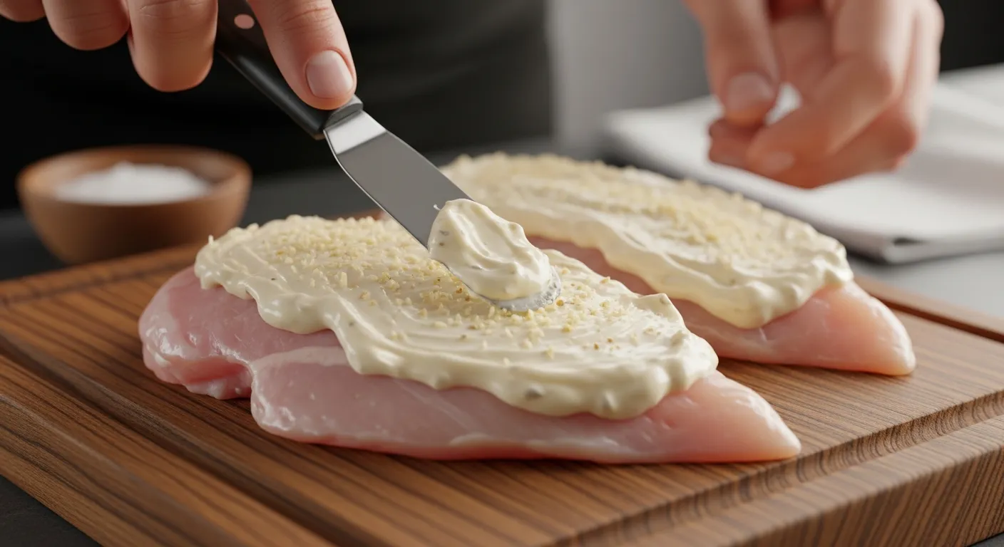 Mayo and Parmesan cheese coating mixed together in a small bowl