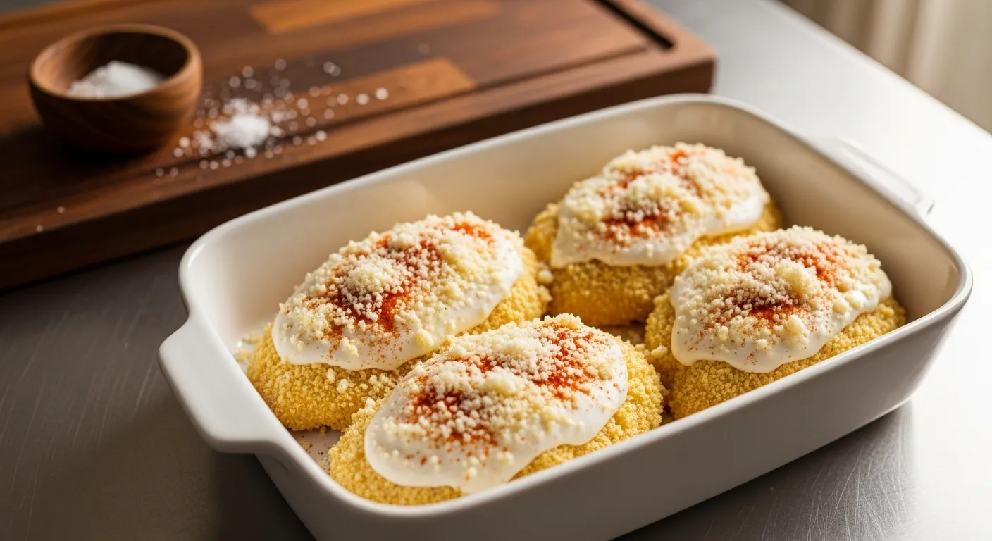Chicken breasts in a baking dish evenly coated with mayo and Parmesan mixture
