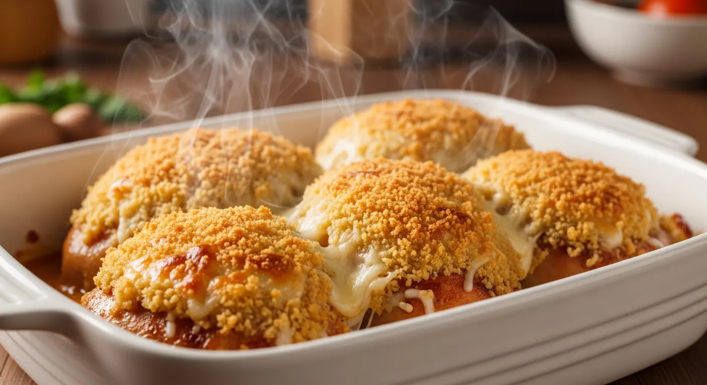 Seasoned breadcrumbs sprinkled over mayo parmesan chicken before baking