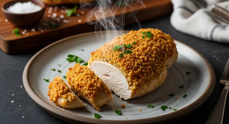 Sliced Mayo Parmesan Chicken on a rustic plate.