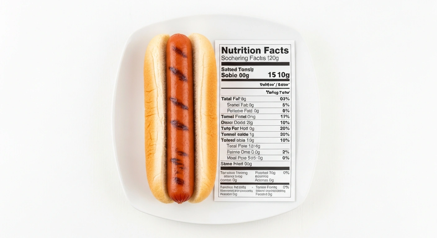 Costco hot dog beside a nutrition facts panel showing calories, carbs, and sodium