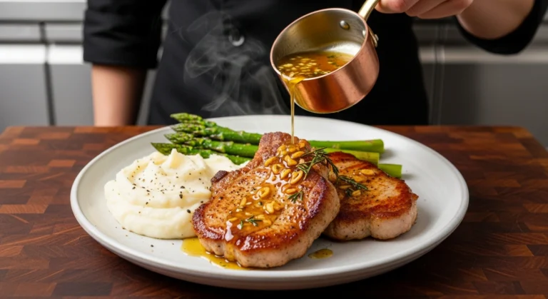 A gourmet plate of thin-cut pork chops with creamy mashed potatoes and vibrant green beans.