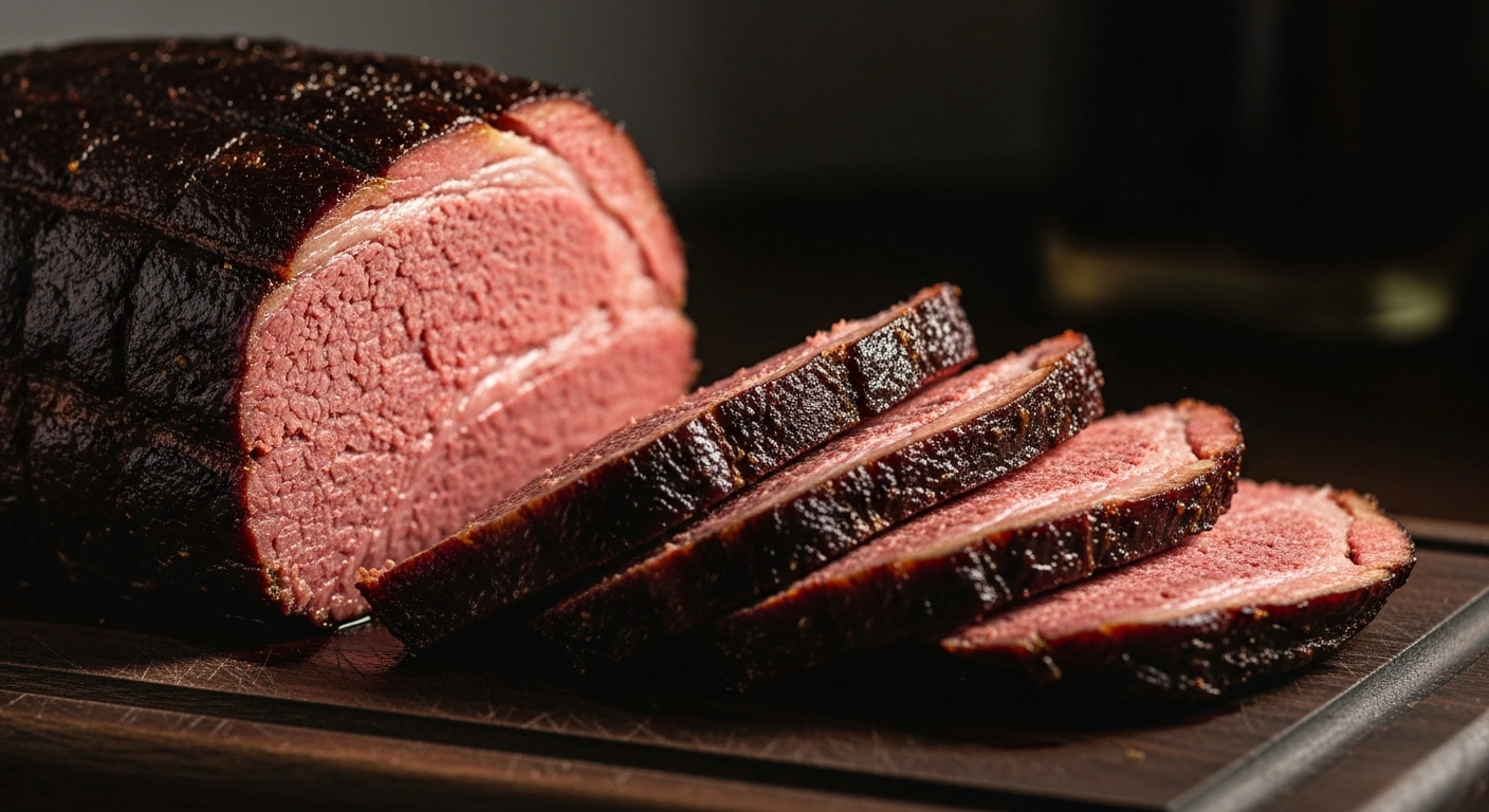 Sliced smoked corned beef showing a dark bark exterior and pink smoky interior