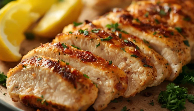 Juicy sliced baked boneless skinless chicken thighs garnished with fresh parsley and lemon wedges