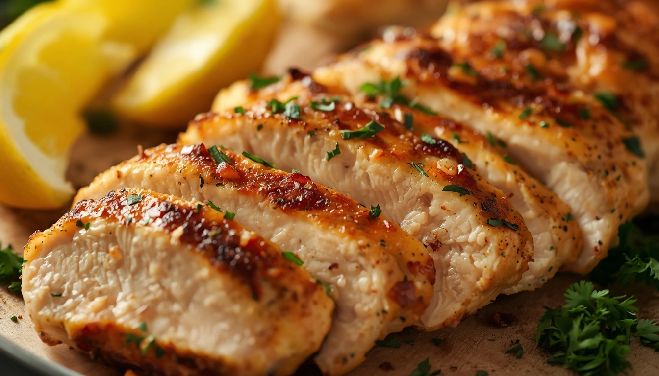 Juicy sliced baked boneless skinless chicken thighs garnished with fresh parsley and lemon wedges