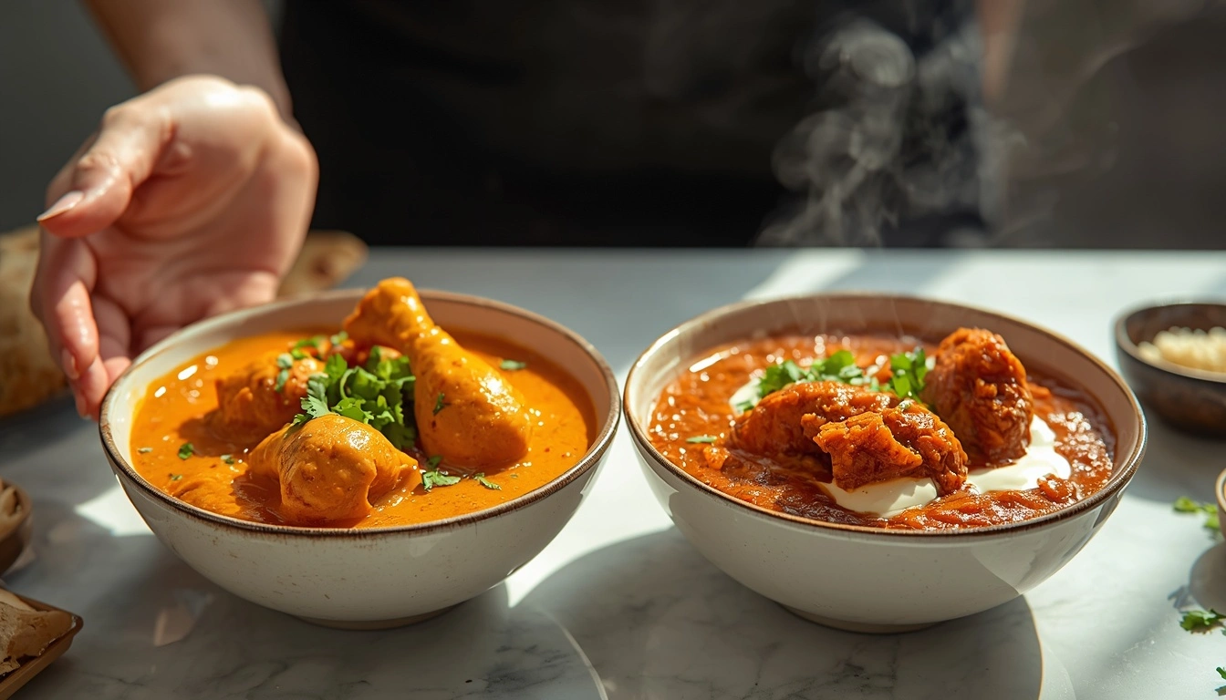 Female chef hand elegantly presenting Butter Chicken and Tikka Masala side by side in refined bowls, styled for a bright, mouthwatering food photography scene.