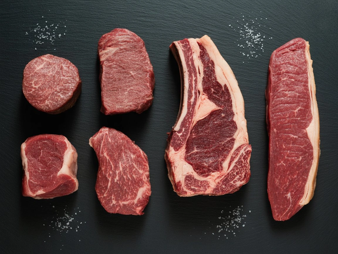 Four 8 oz steak cuts compared — sirloin, ribeye, filet mignon and flank with calorie labels