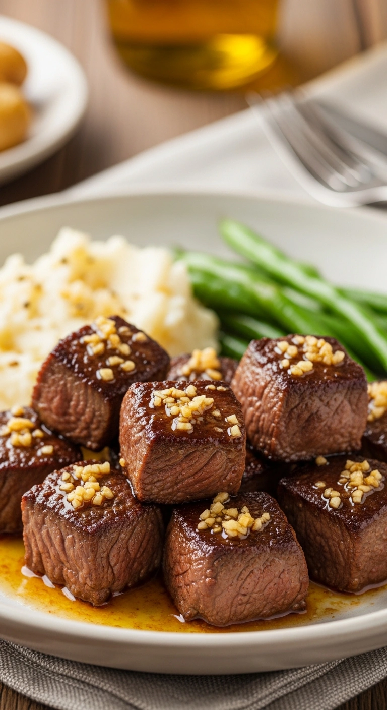 Garlic butter steak bites served hot with browned steak cubes and melted butter