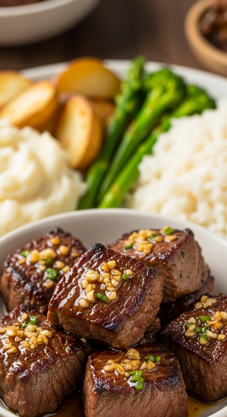 Garlic butter steak bites served with a simple steak dinner side