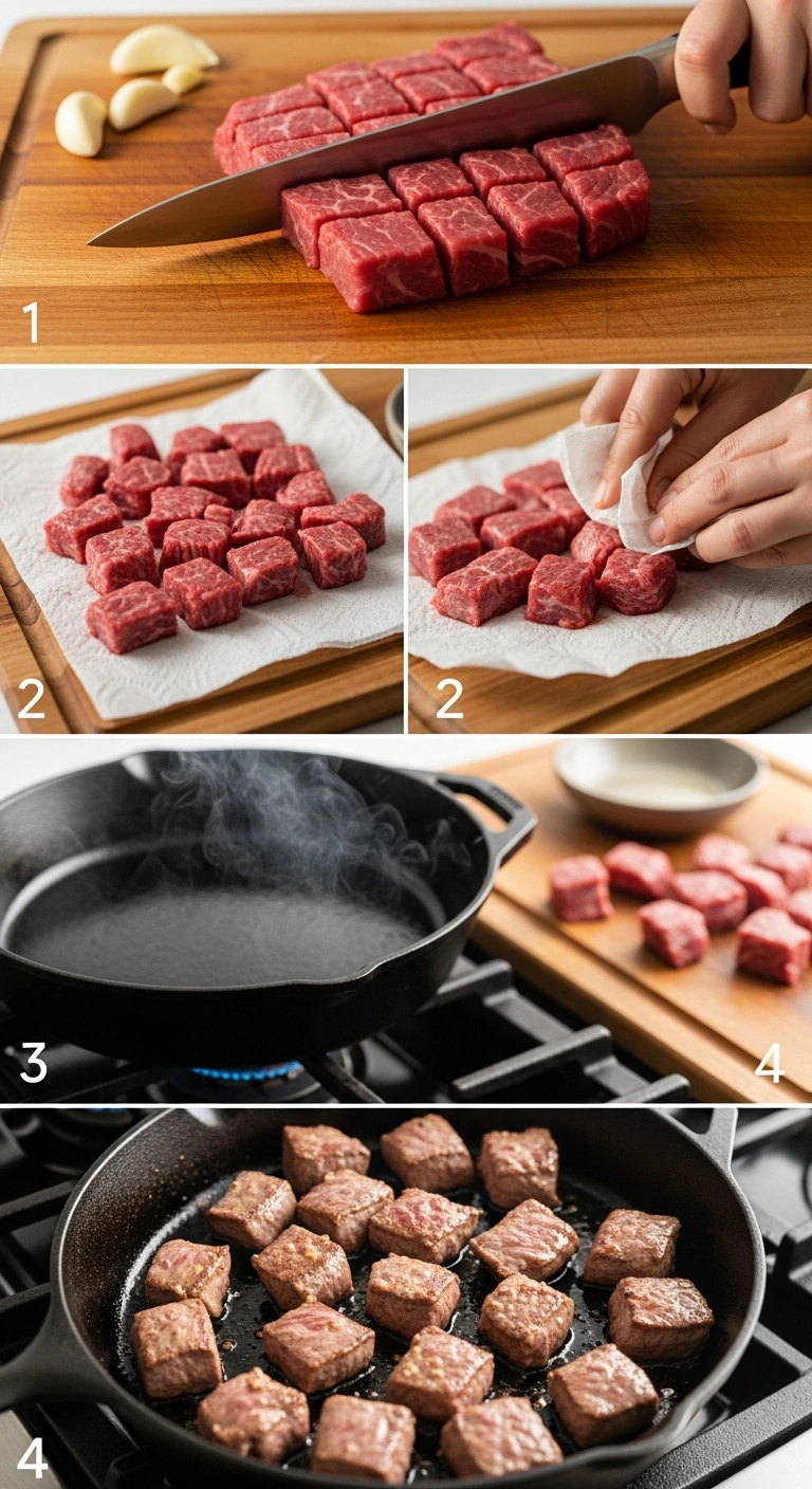 Steps 1 to 4 for garlic butter steak bites: cube steak, dry steak, heat skillet, and sear steak cubes