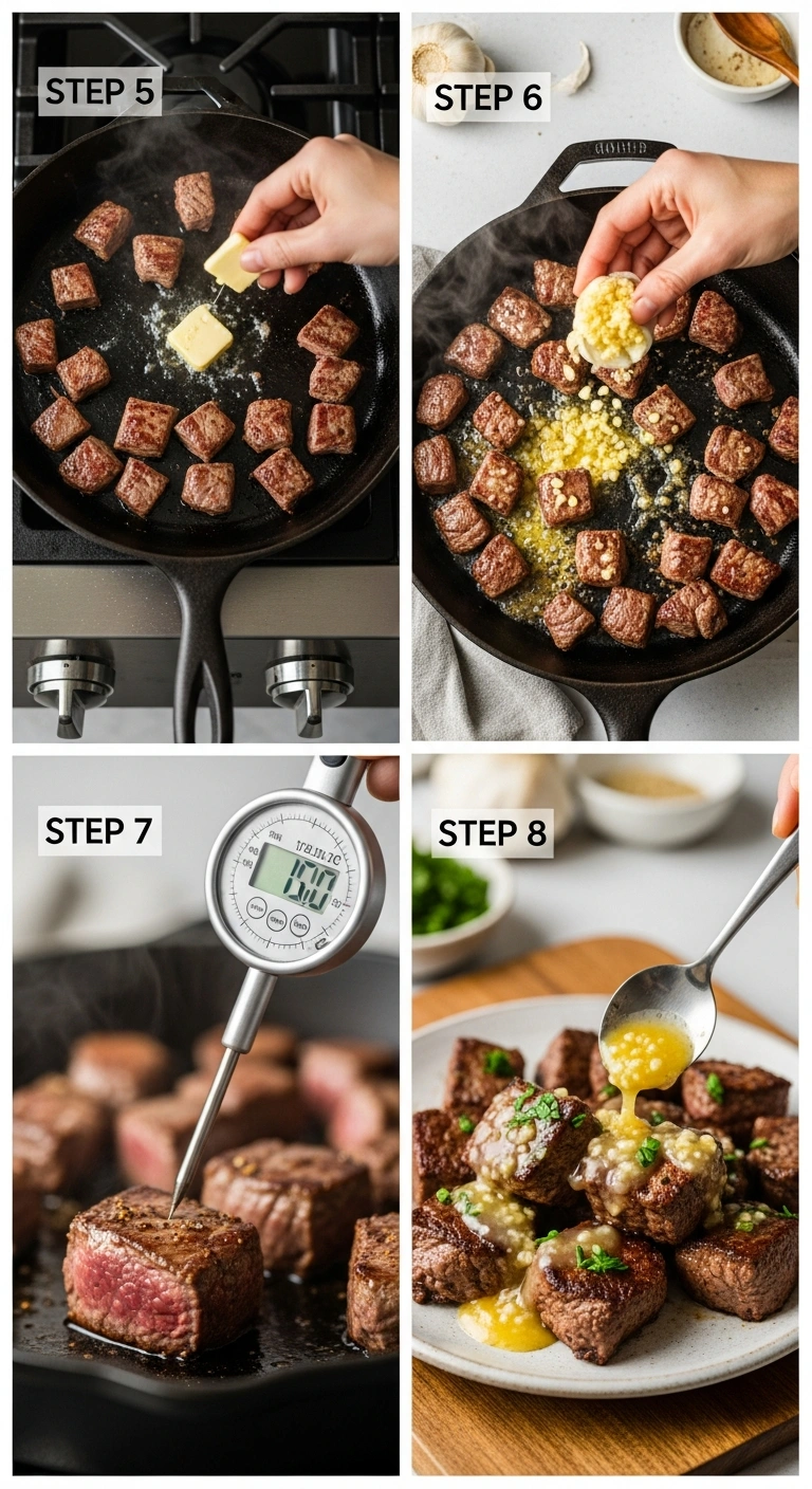 Steps 5 to 8 for garlic butter steak bites: add butter, add garlic, check temperature, rest and serve