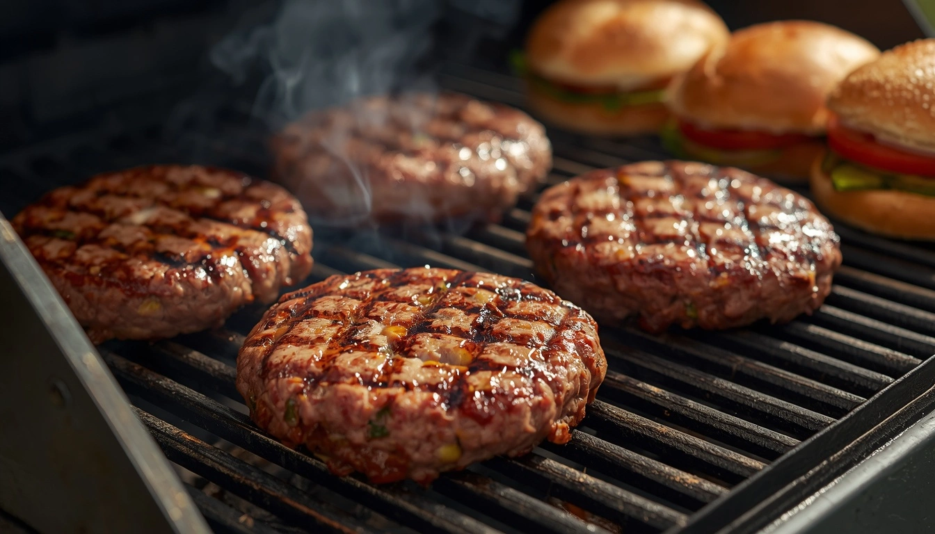 Grilled burgers sizzling on a 400°F barbecue with fresh buns and toppings.