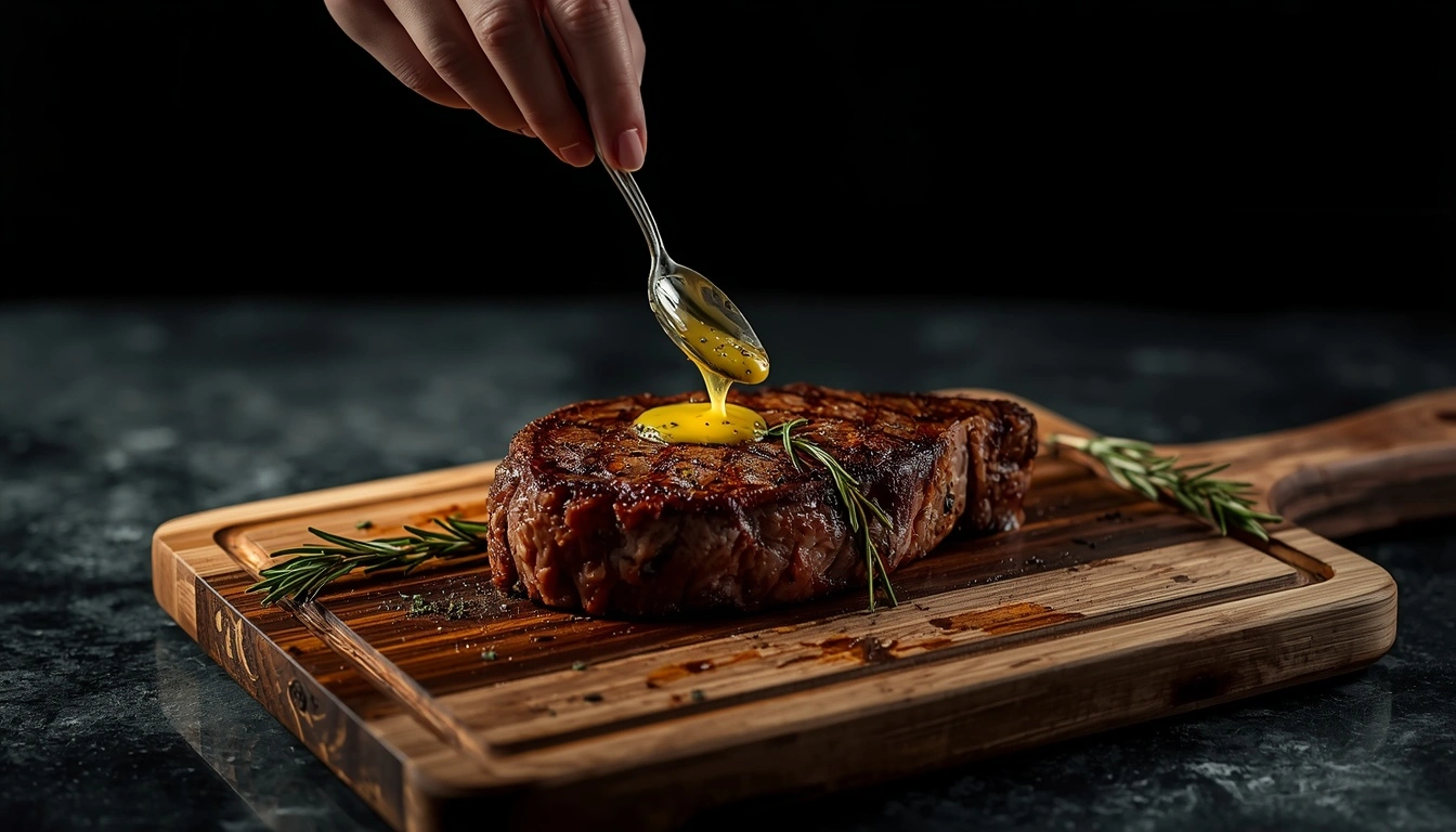 Bone in ribeye steak with a seared crust and juicy sliced center