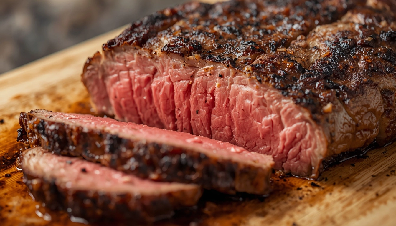 Sous vide steak sliced after searing with a pink center and browned crust