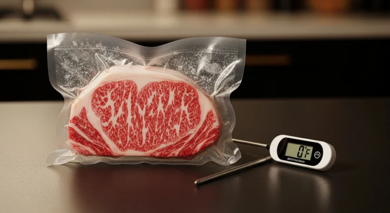 Vacuum-sealed A5 Wagyu steak with rich marbling placed beside a freezer thermometer on a dark kitchen surface