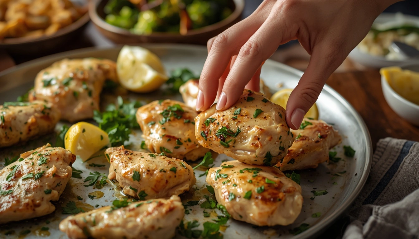 Boneless Skinless Chicken Thighs Nutrition with golden baked chicken thighs, herbs, lemon, and high-protein meal prep