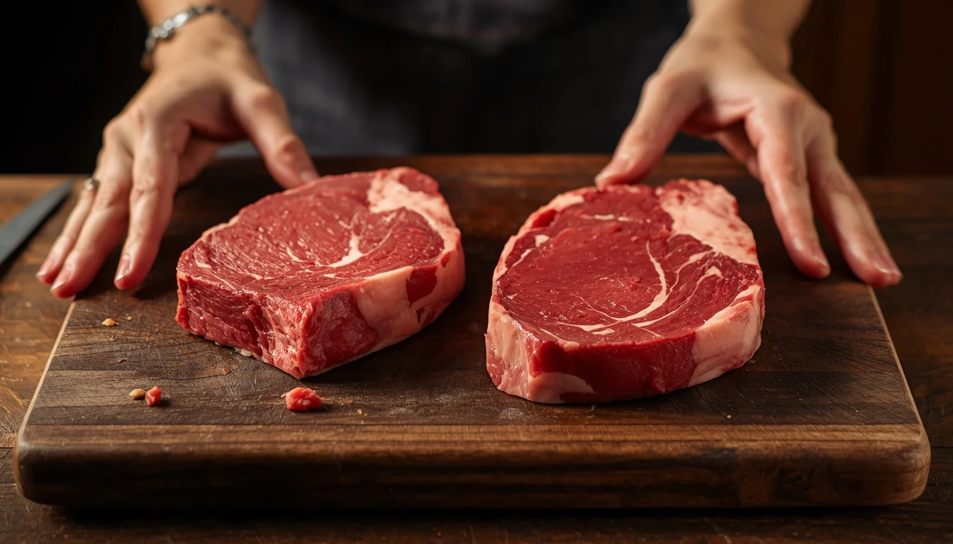 Rib eye Steak and striploin side by side on a cutting board.