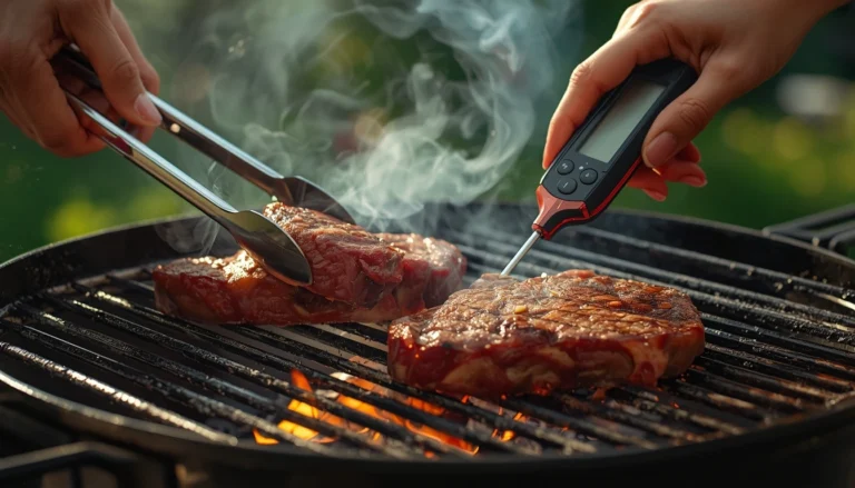 Female hands using a digital thermometer and tongs to grill ribeye steaks on a charcoal BBQ grill outdoors.