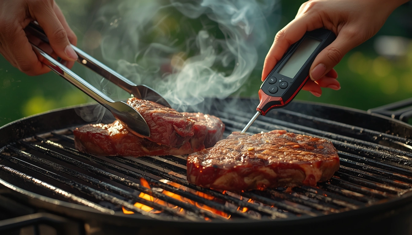 Female hands using a digital thermometer and tongs to grill ribeye steaks on a charcoal BBQ grill outdoors.