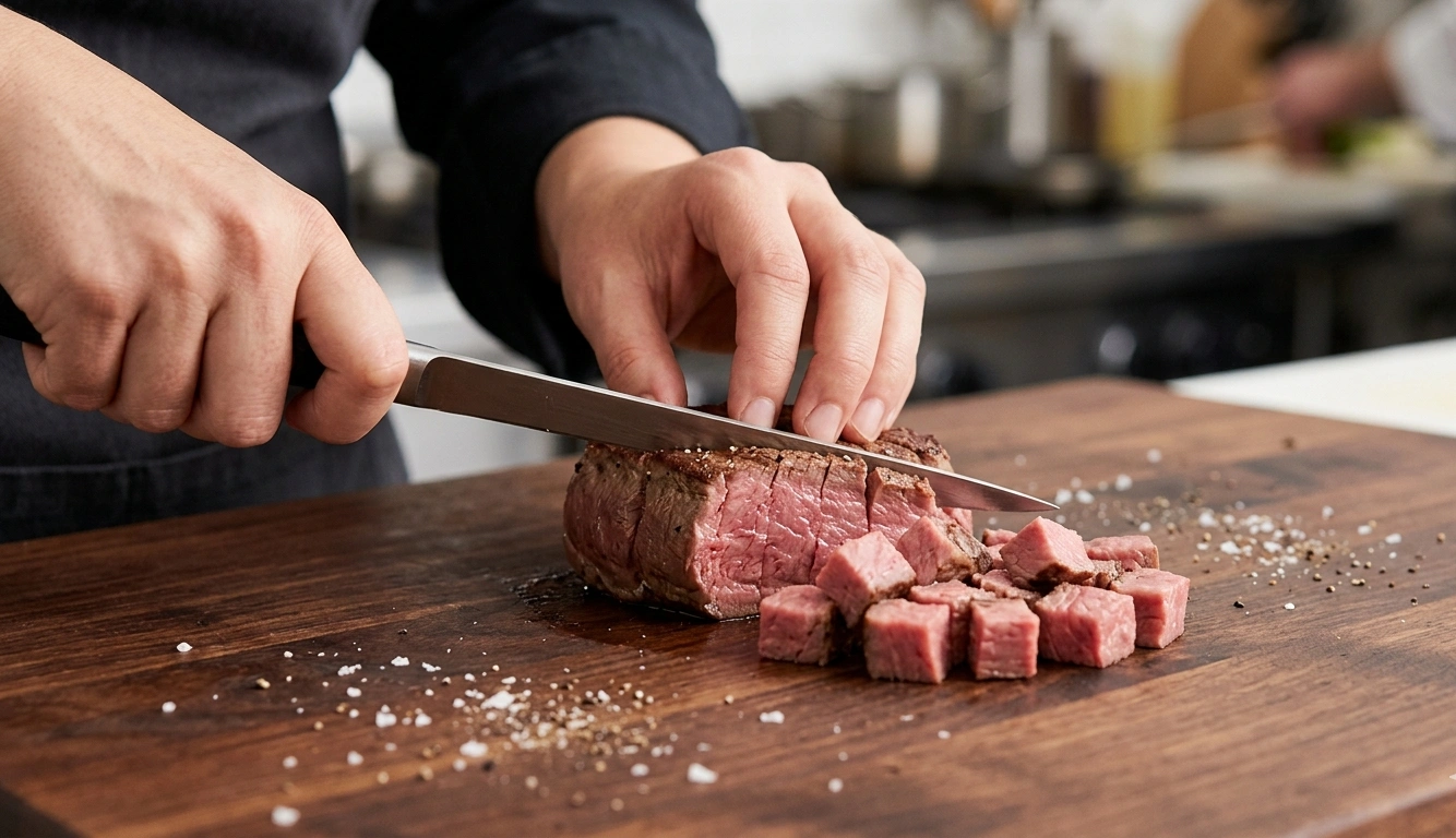 Cutting cooked steak into small half-inch pieces against the grain for braces safety