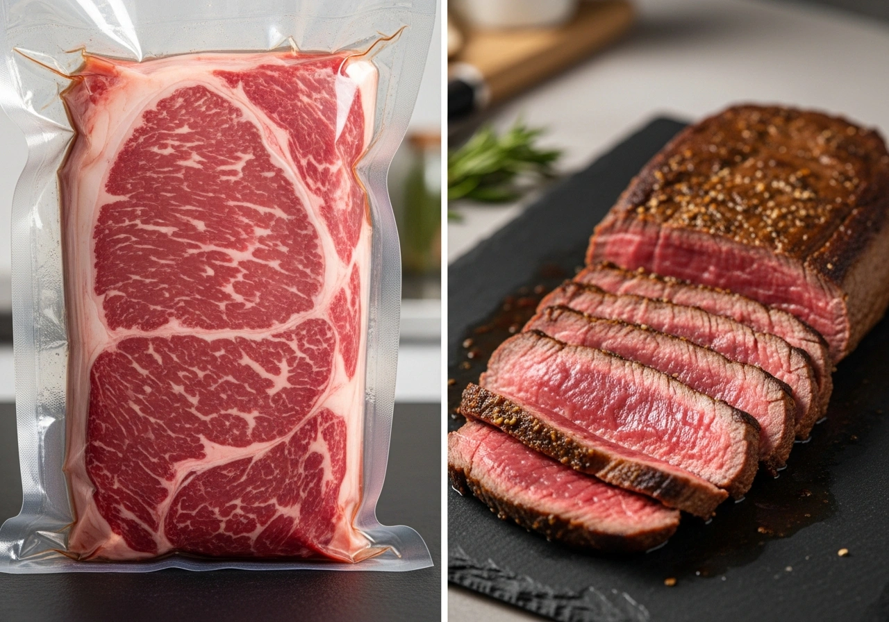 Sous vide flank steak sliced thinly across the grain after searing