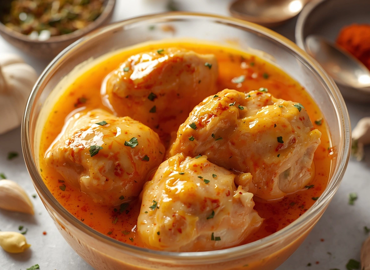 Chicken pieces marinating in yogurt and spices for butter chicken or tikka masala