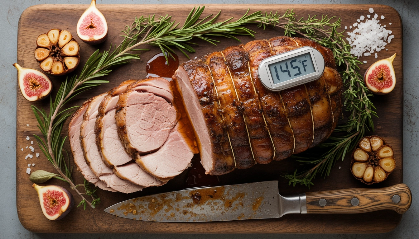Overhead view of a juicy roasted pork loin on a wooden cutting board with a digital thermometer reading 145°F, garnished with rosemary and figs.