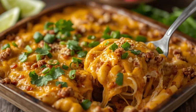 Golden-baked taco pasta gratin topped with fresh cilantro, sliced green onions, and lime wedges