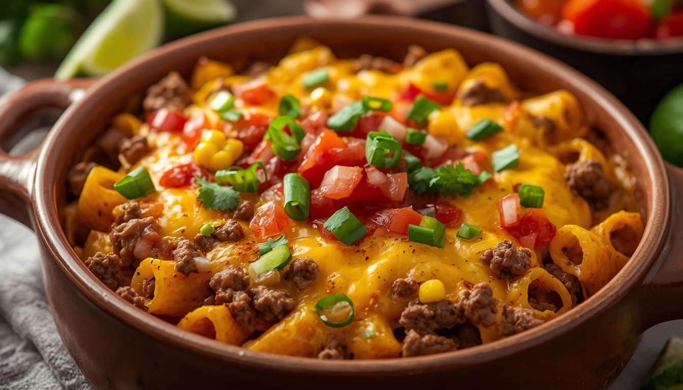 Pastagratäng Taco with melted cheese, ground beef, pasta, salsa, and taco toppings