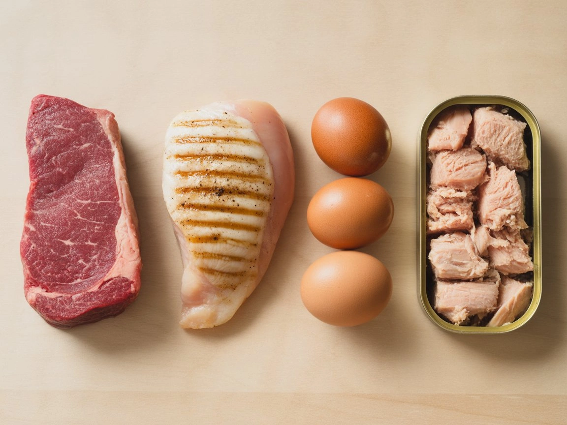 Protein sources comparison — 8 oz steak with chicken, eggs and tuna showing protein amounts