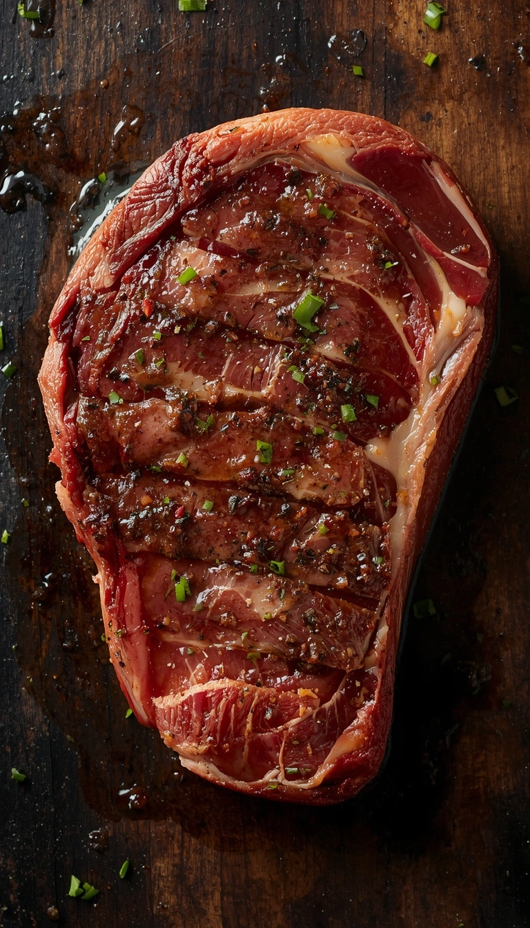 Raw bone in ribeye steak showing marbling before cooking