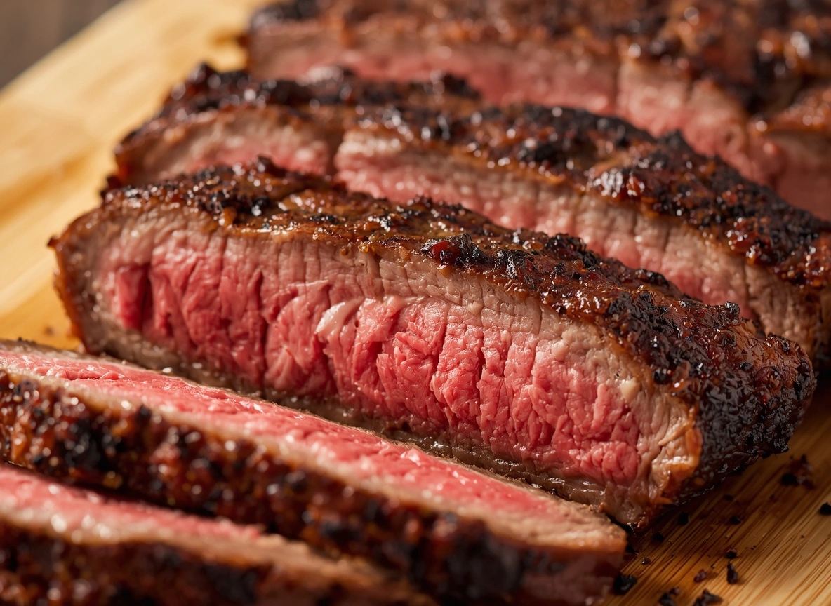 Sous vide steak sliced with a browned crust