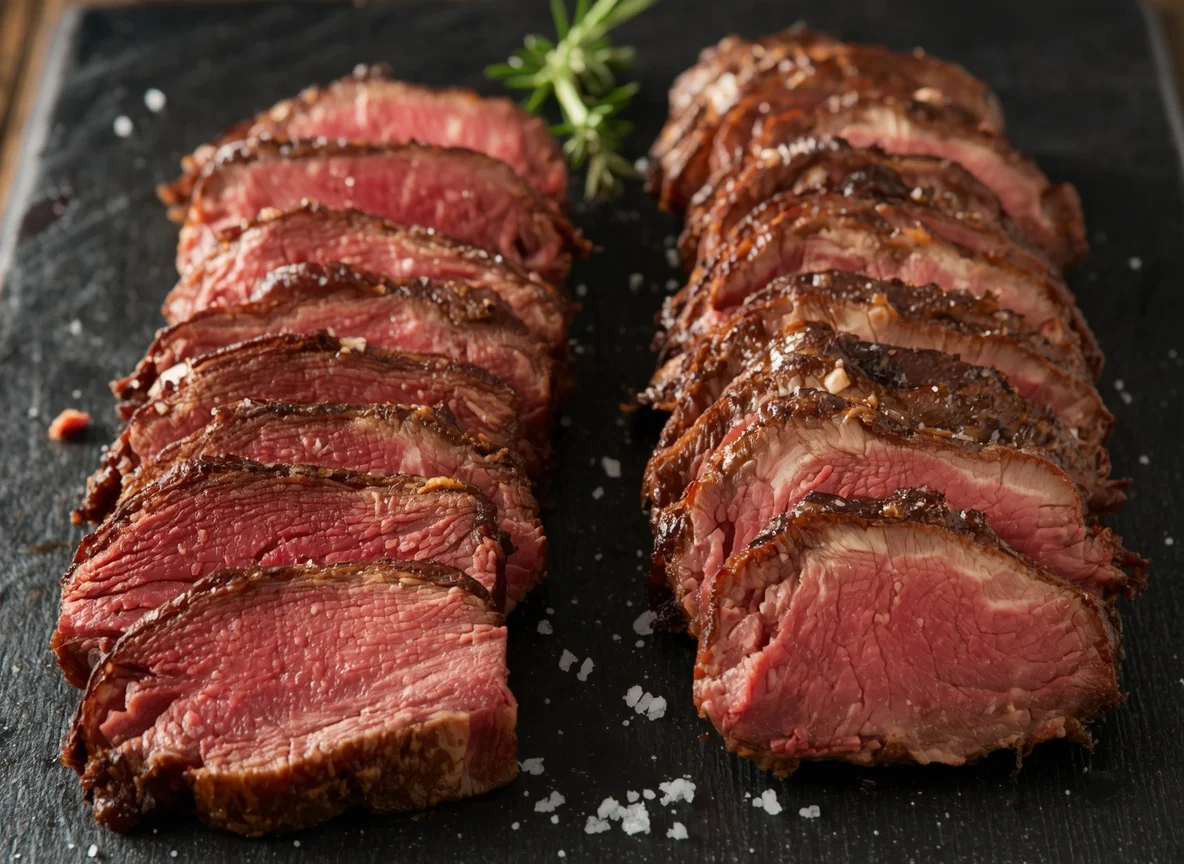 close up of ribeye and striploin steak slices showing marbling and texture