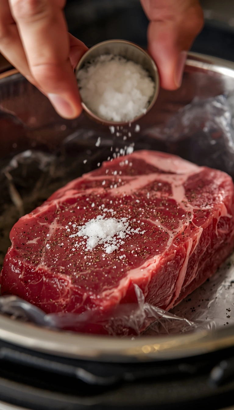 Seasoning steak with salt and pepper before sous vide cooking