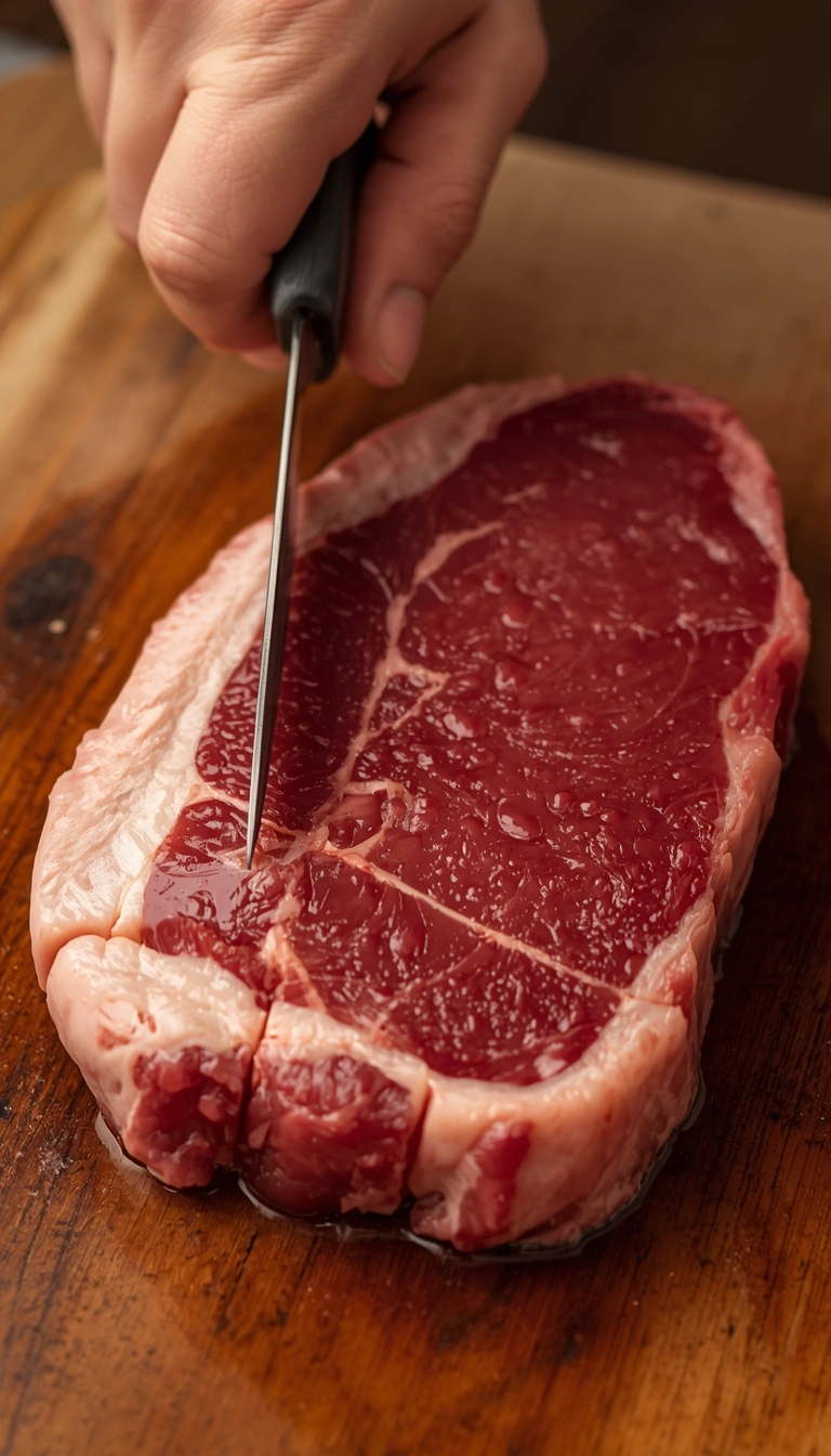 Scoring the fat cap of coulotte steak in a crosshatch pattern