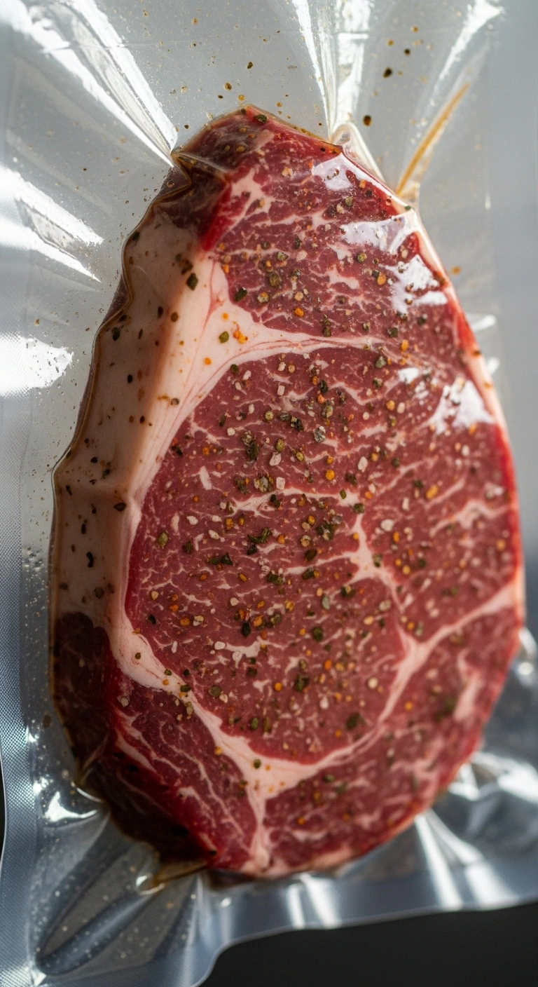 Steak sealed in a bag before sous vide cooking