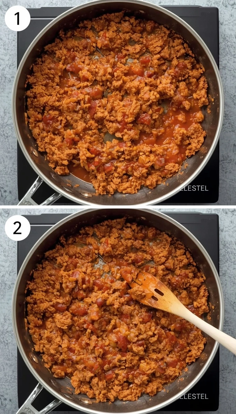 Leftover taco meat reheated with salsa until steaming hot