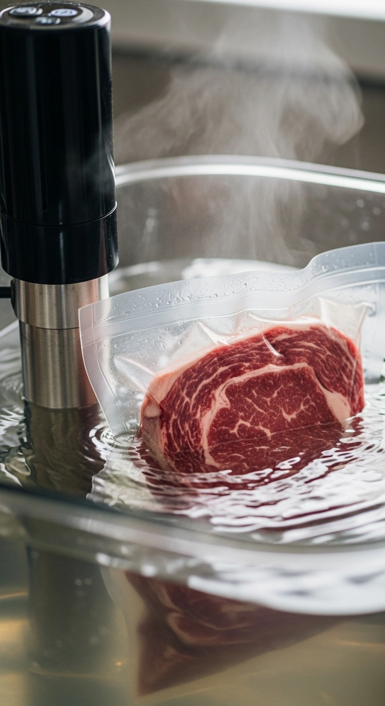 Steak cooking in a sous vide water bath